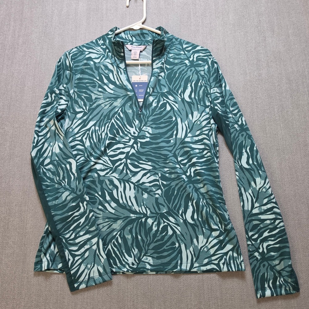 Tommy Bahama Quarter Zip Women M Green Tropical Leaf UPF 50 Active Top